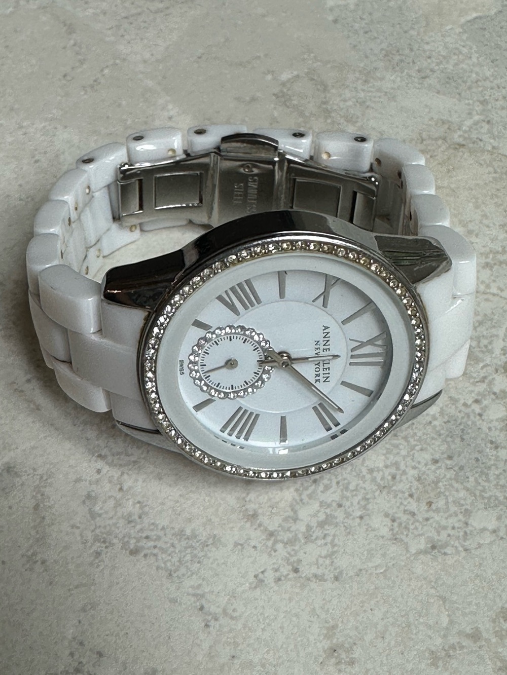 Anne Klein White Ceramic Crystal Bezel Watch 12/2199WTWB Quartz Working - Picture 3 of 8